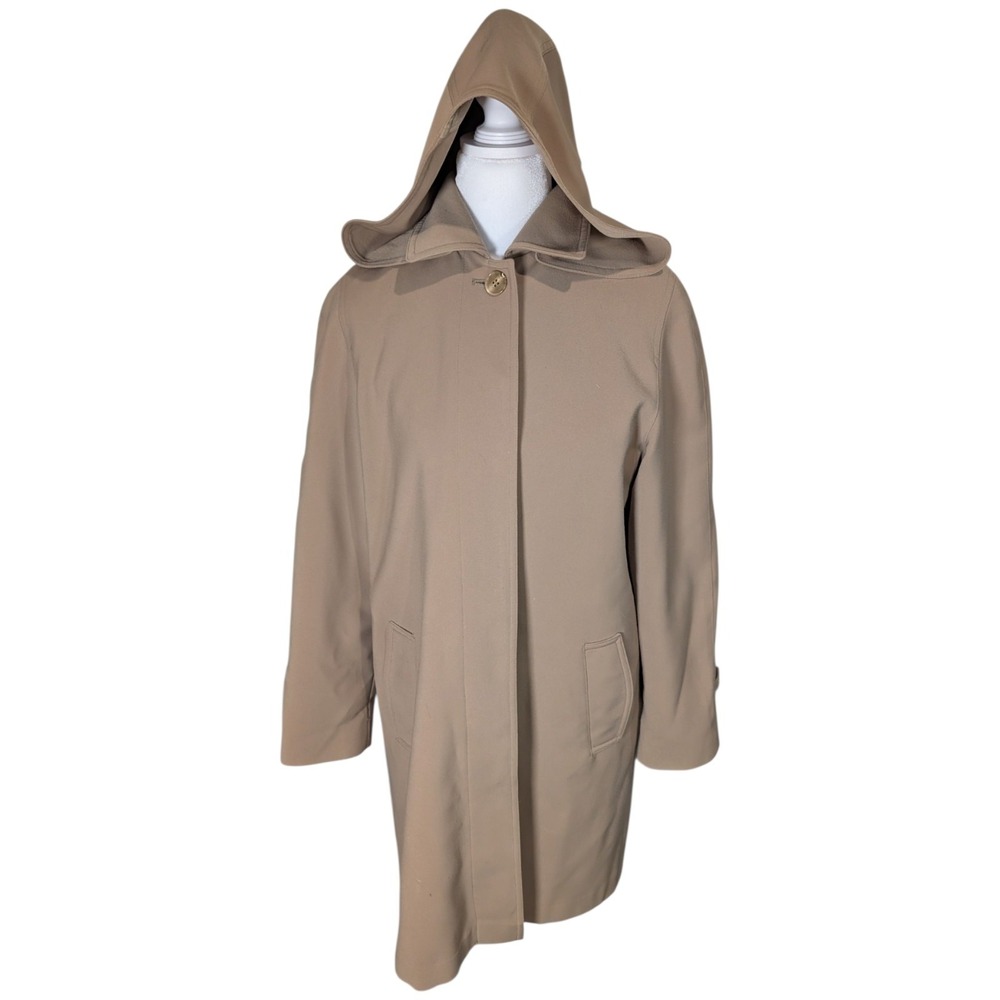 Gallery Petite Tan Hooded Trench Coat Tan Beige Mid Length Rain Jacket Size PS